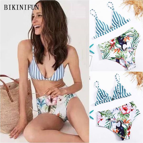 

women's swimwear 2021 striped swimsuit women triangle bralette leaves print bottom beachwear s-xl girl high waist bikini set, White;black