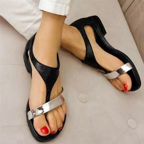 

sandals low flat gladiator women leather t-strap rome cover heel buckle strap concise mixed colors bohemian shoes, Black