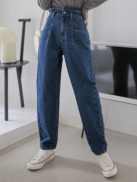 

dazy asymmetrical waist dual pocket mom jeans p76d#, Blue