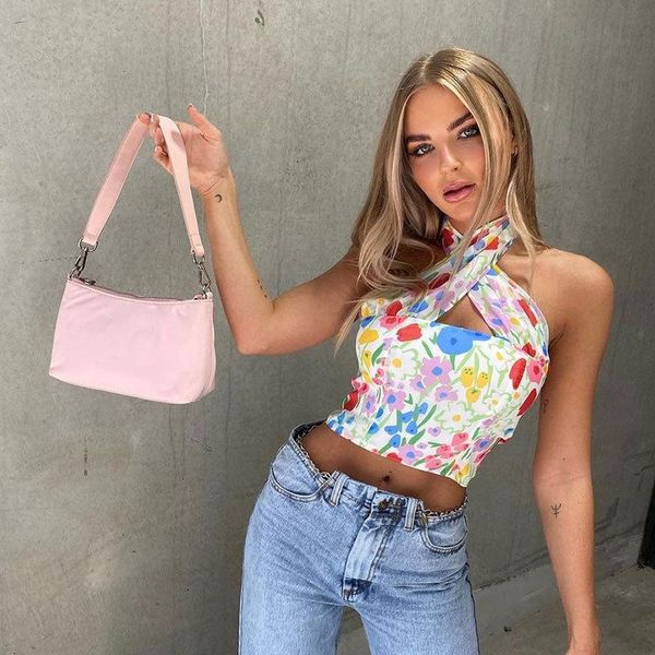 

women's tanks & camis 2021 summer floral print halter neck crop women casual off shoulder backless mesh y2k beach sleeveless tank s, White