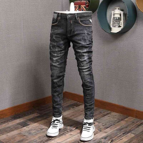 

men's jeans italian fashion men retro black gray elastic slim fit ripped denim trousers streetwear vintage designer p, Blue