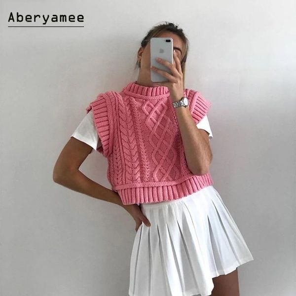 

women's vests aberyamee knitted sweater vest woman turtleneck pink solid sleeveless pullover ladies pretty oversized sweet jumper fashi, Black;white