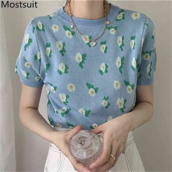 

floral knitted crop pullover women summer short sleeve o-neck slim sweater korean vintage fashion ladies jumpers 210513, White;black