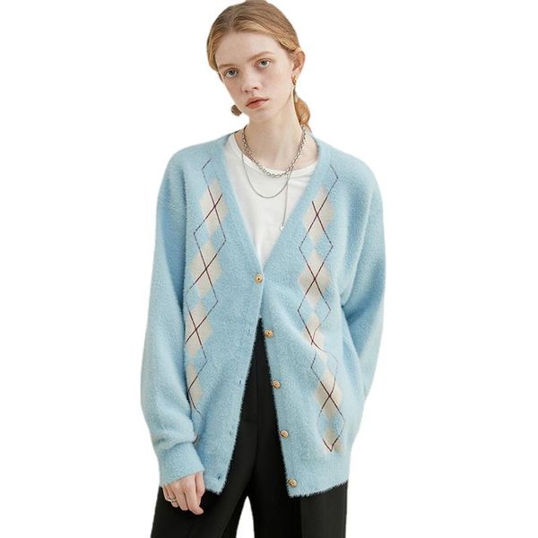 

women's knits & tees blue argyle knitting cardigan for women sweater loose fit v-neck long sleeve button-down fashion tide autumn winte, White