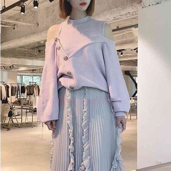 

women's hoodies & sweatshirts japanese sweet sweaters 2022 autumn women jumpers solid o neck off shoulder irregular button knitted pull, Black