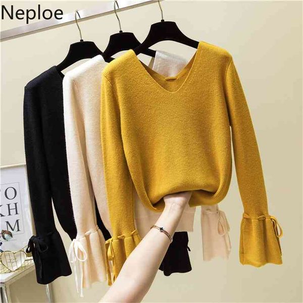 

knitted solid women sweater autumn v-neck lantern sleeve casual loose korean female sweaters 45096 210422, White;black