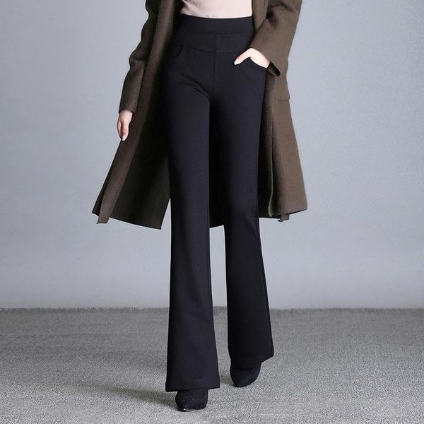 

fashion winter women pants loose length high waist warm thick trousers casual stretch micro flared women's & capris, Black;white