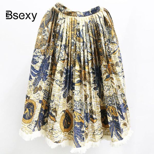 

skirts runway skirt for women 2021 spring vintage leaves printed yellow fringes long pleated jupe longue femme, Black