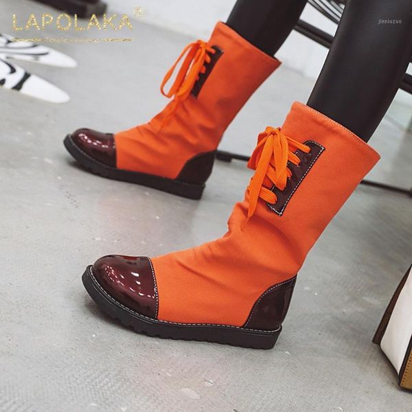 

boots lapolaka 2021 arrivals big size 43 lace up ins fashion female platform comfy warm plush autumn mid calf1, Black