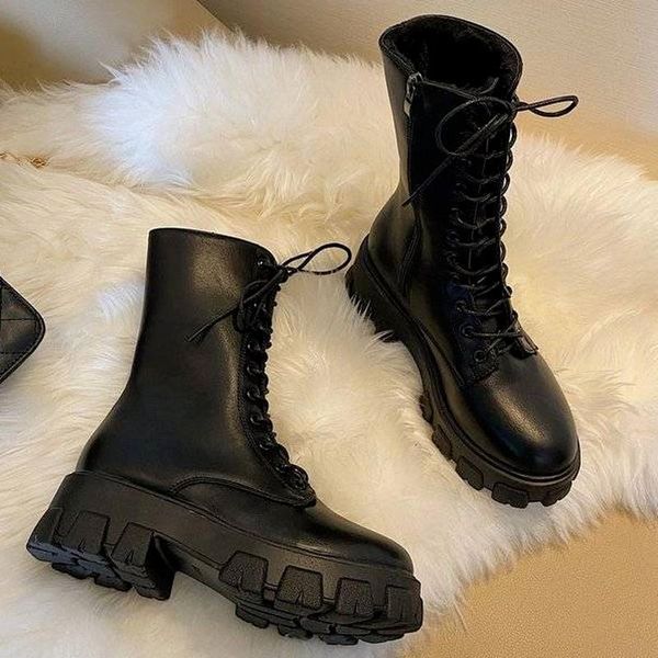 

boots 2021 motorcycle punk style women's fashion pu leather ankle thick-soled party shoes women, Black