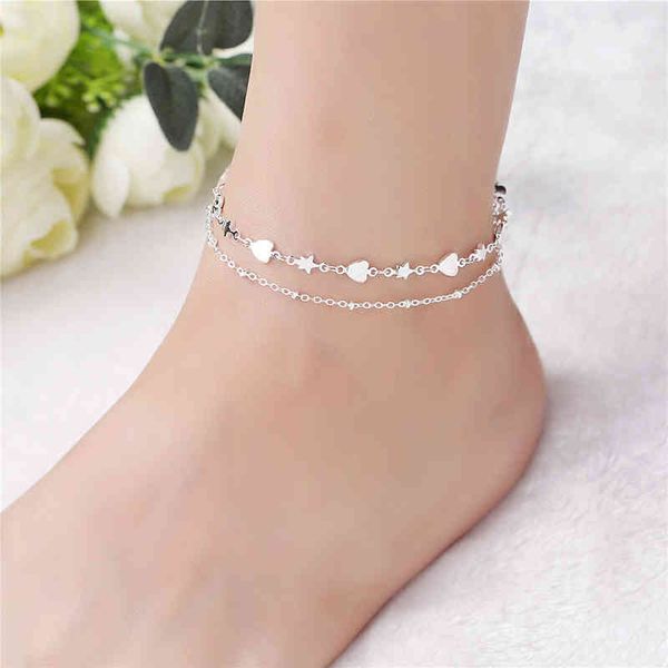 

925 sterling silver heart star anklet bracelet on the leg 2021 fashion summer beach foot jewelry tobilleras de plata para kb090, Red;blue