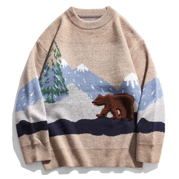 

men's sweaters hip hop streetwear snow mountain bear mens knitted sweater autumn harajuku oversize cotton loose pullover men clothing a, White;black