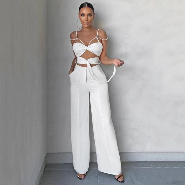 

women's two piece pants 2021 ladies black and white gas field casual high street hollow wide leg jumpsuit elegant waist overalls fashio