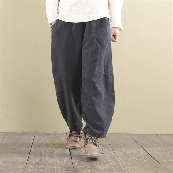 

women's pants & capris johnature women wide leg elastic waist 2021 autumn linen trouser loose 8 colour casual vintage, Black;white