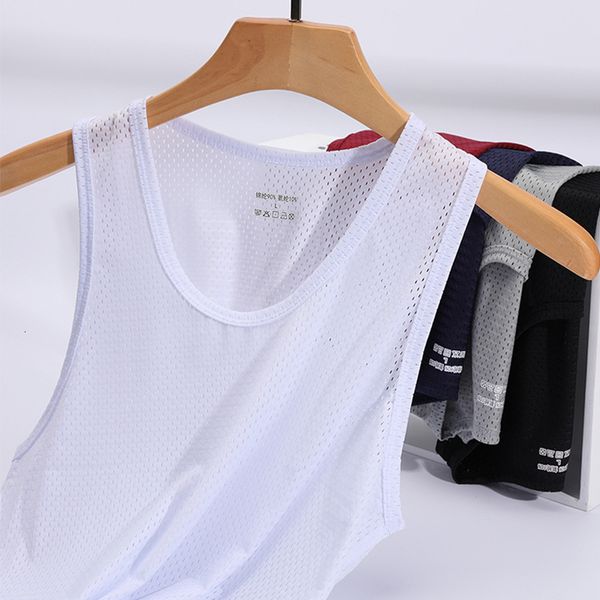 

men' tank 1n ice mesh vest fitness hurdle breathable sports bottom shirt summer thin, White;black