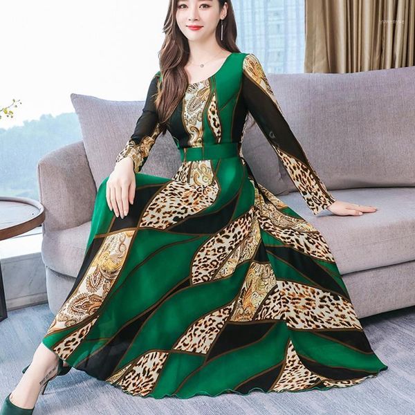

casual dresses leopard patchwork print dress women o neck long sleeve vintage big swing slim elegant party vestido floral, Black;gray