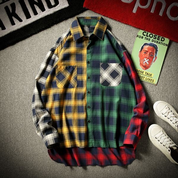 

streetwear long sleeved flannel shirts 100% cotton woven yarn dyed plaid patchwork pockets, White;black