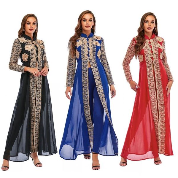 

ethnic clothing fashion chiffon long dress lace sleeve cardigan trousers 2 piece sets african clothes for women dashiki outfits party robe, Red
