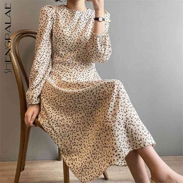 

shengpllae elegant floral dress women's spring round neck slim waist long puff sleeev mid-calf dresses female 5c434 210427, White