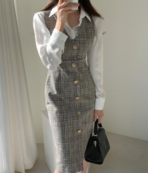 

autumn spring women elegant plaid tweed office ladies sleeveless vest dress casual dresses, Black;gray