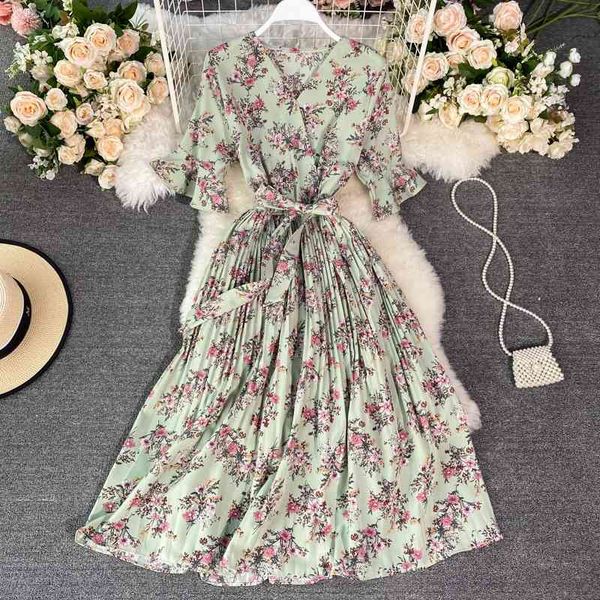 

casual dresses retro floral sweet beach v-neck chiffon pleated dress with belt waist and thin a-line for womens mid-length lrmz, Black;gray