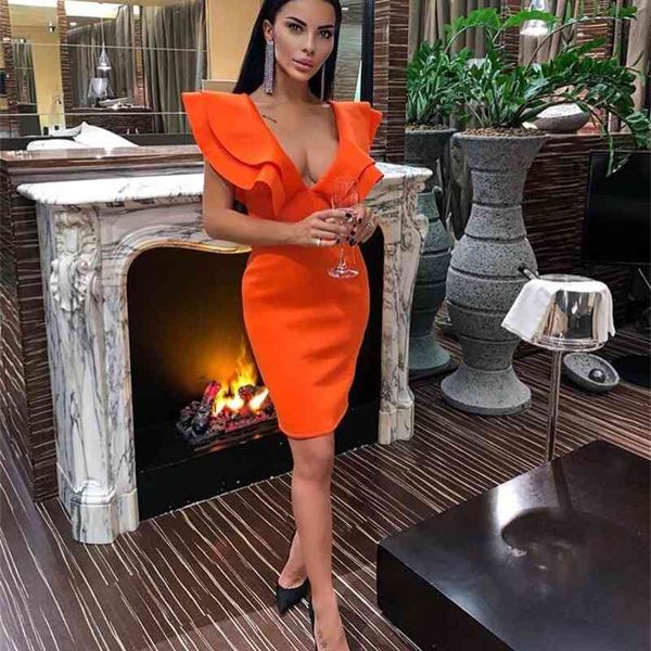 Vestidos Frauen sexy elastische Orange Mini Party Dress Designer Ruffles Night Club Baumwolle 210527