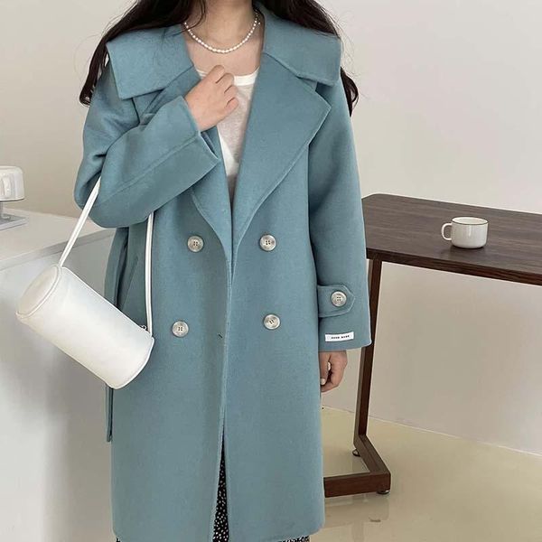 

women's wool & blends autumn winter double breasted women woolen coat korean style loose casual navy collar with sashes long ladies ove, Black