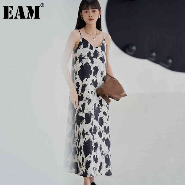 

[eam] women black pattern printed long spaghetti strap dress v-collar sleeveless fashion spring summer 1dd8762 21512, Black;gray