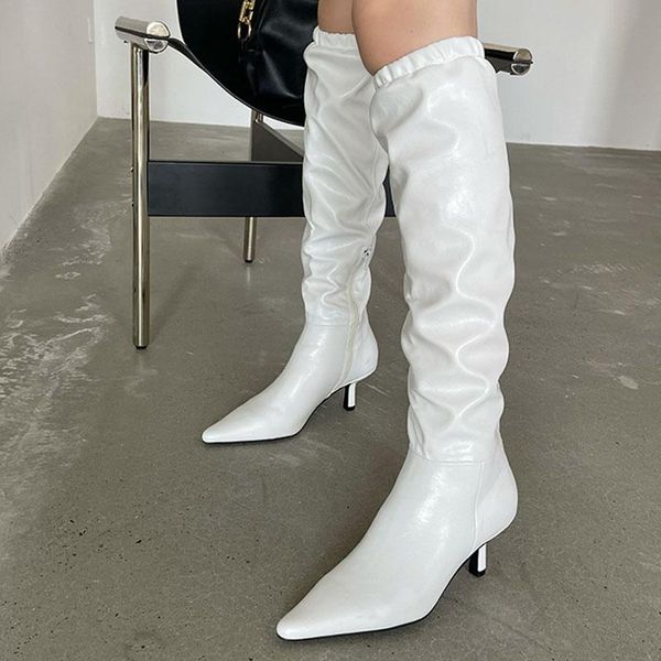 

boots white black stretch leather women high heels pointed toe fashion pleated ladies shoes autumn winter knee 2022