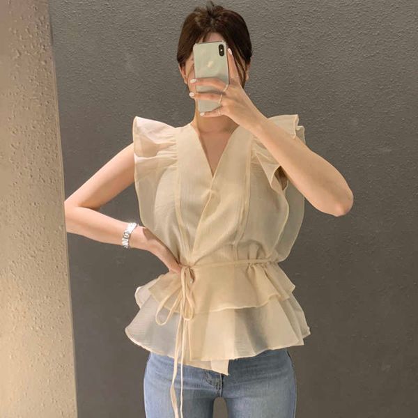 

chic korean temperament gentle v neck cross ruffleds blouse women lace up waist one pieces patchwork thin blusas wild 210610, White
