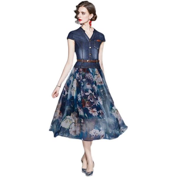 

casual dresses 2021summer wave points splicing cowboy dress chiffon printing is posed elegant vestidos, Black;gray