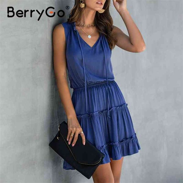 

berrygo summer sleeveless boho dress solid ruched high waist v neck short casual ruffled cotton chic plus size 210513, Black;gray
