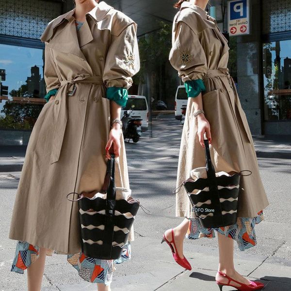 

women's trench coats long windbreaker spring autumn ladies cloak khaki wear a belt satin fabric high-end cotton lined coat female, Tan;black