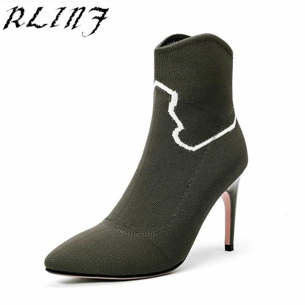 

boots rlinf stiletto high heel 8.5cm shoe knit elastic booties, Black
