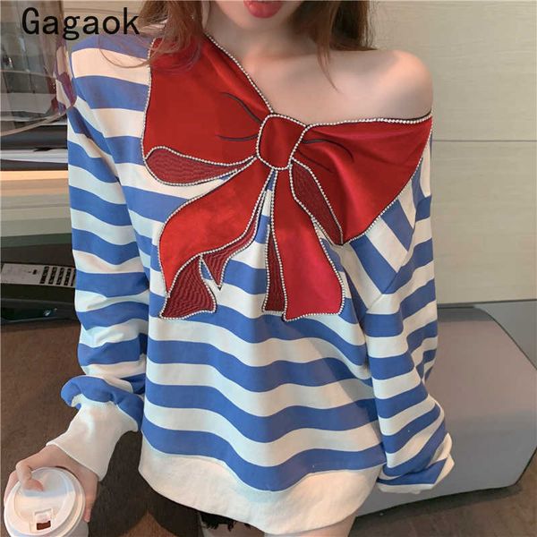 

sweet women hoodies speing autumn full striped bow fashion sweatshirts loose harajuku wild korean chic pullovers 210531, Black