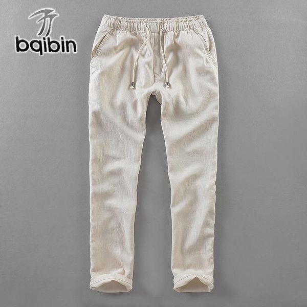 

men's pants elastic waist 30-40 size linen men long flax trousers brand casual mens fashion solid pantalon, Black