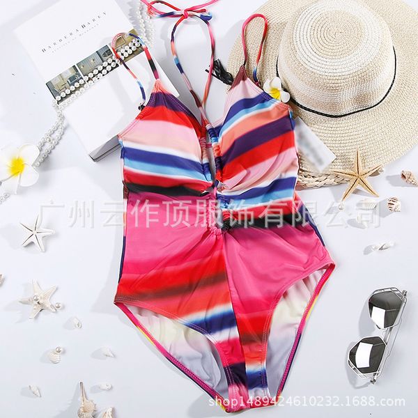 

new color matching striped multi rope bikini one piece women swimsuit, White;black