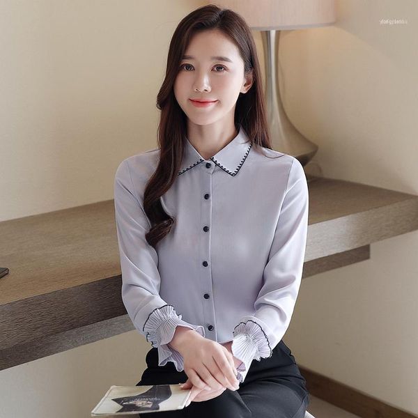 

women's blouses & shirts summer fashion korean style female long puff sleeve blouse button down office lady elegant work shirt workwear, White