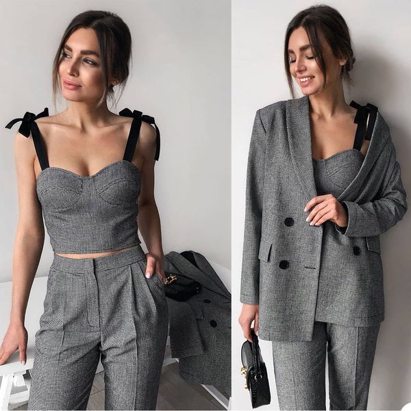 Moda xadrez mulheres blazer ternos vestido de dama de honra 3 pcs sets streetwear senhoras mulheres outerwear chique casual terno