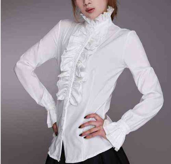

fashion victorian blouses women ol office ladies white shirt high neck frilly ruffle cuffs shirts female blouse h1230