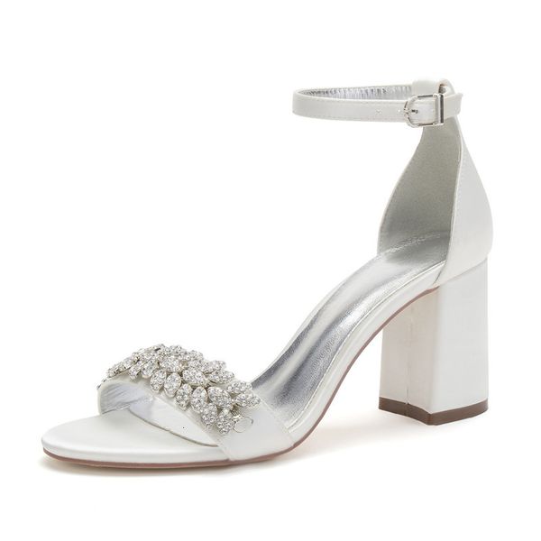 

slippers elegant satin block heel wedding sandals shoes for bride open toe ankle buckle strap crystals prom evening formal party 2, Black