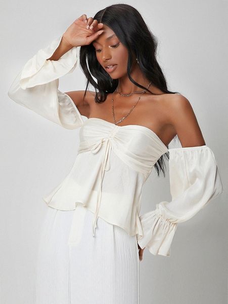 

off shoulder flounce sleeve ruched knot peplum t1od#, White