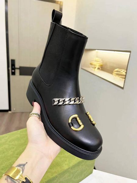 

luxury designer boots women winter sock boot guucci letter chain leather louiings shoes flat mid high heel sdsfddf, Black