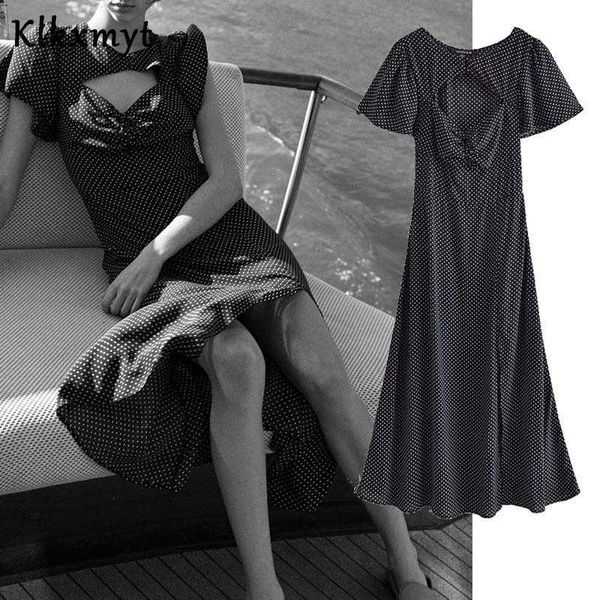 

klkxmyt za dress women spring open design wave point printed midi es woman casual short sleeve hem vents female 210527, Black;gray