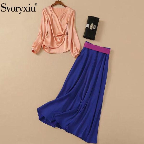

svoryxiu designer spring summer elegant skirt suit women's v collar lantern sleeve blouse + maxi fashion 2 piece set tracksuits, Gray