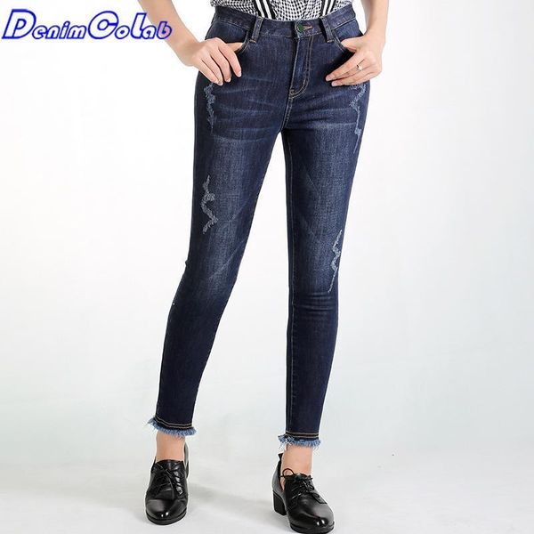 

denimcolab 2021 elastic ripped jeans pants women casual slim fit pencil ladies fringe skinny trousers women's, Blue