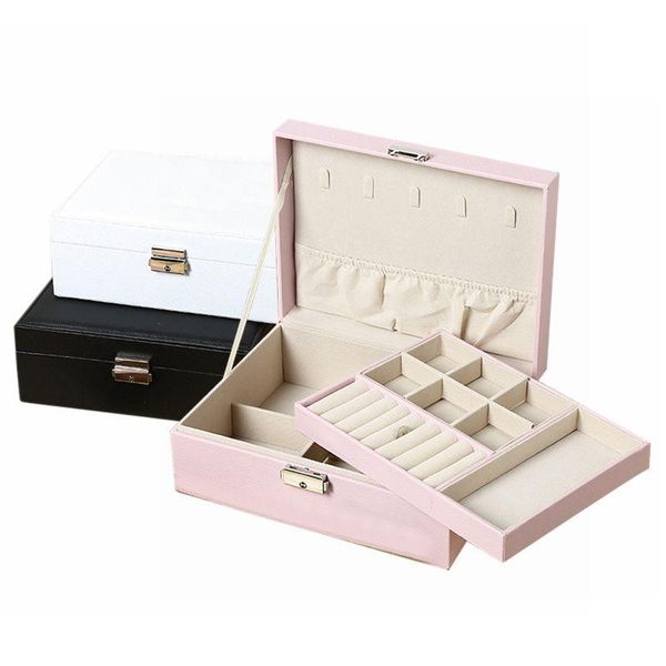 

jewelry pouches, bags double layer casket for box storage organizer accessories packaging display earrings necklace watch ring boxes gift ca, Pink;blue