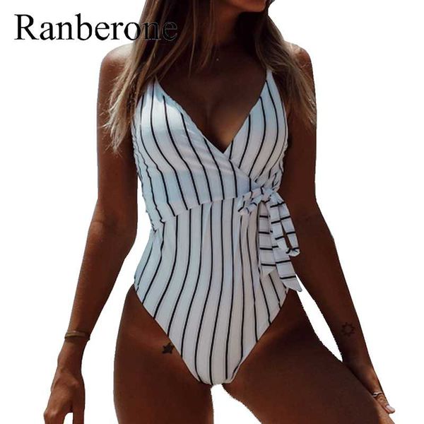 

ranberone 2021 stripes swimwear women backless one piece swimsuit plus size beach bikini maillot femme suits one-piece