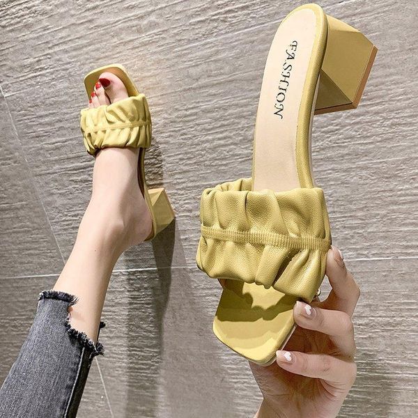 

slippers women 2021 shoes summer korean square head fish mouth sandals mid-heel all over toe fashion outside wear, Black