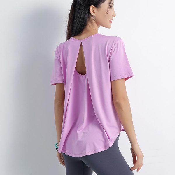 

loose breathable quick dry short sleeve back yoga shirts for women blue green purple running fitness workout sport cloth outfit